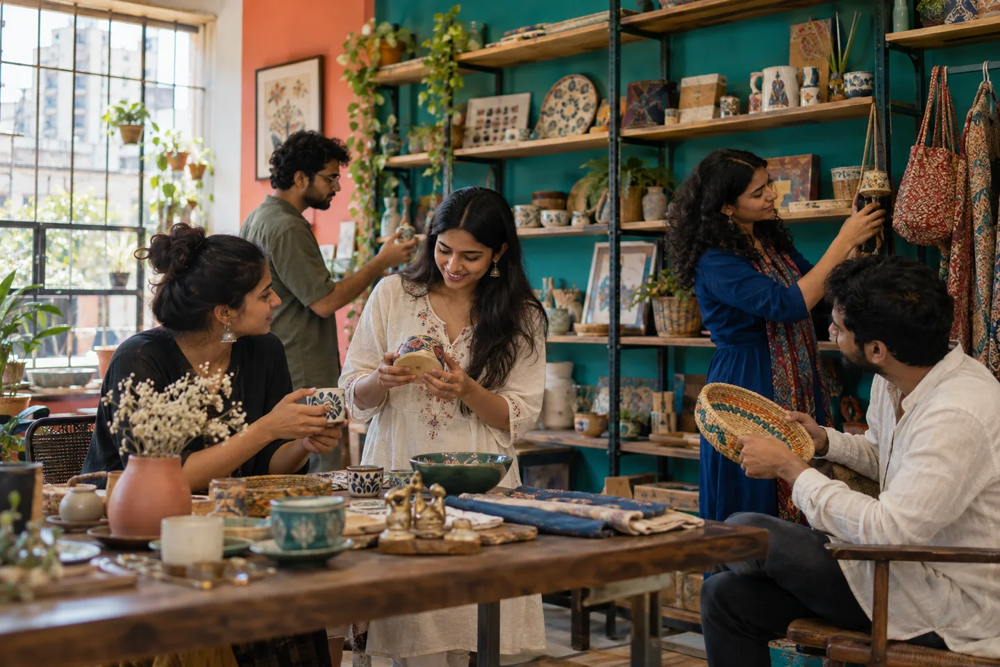 Indian makers sharing handmade products in a creative workshop