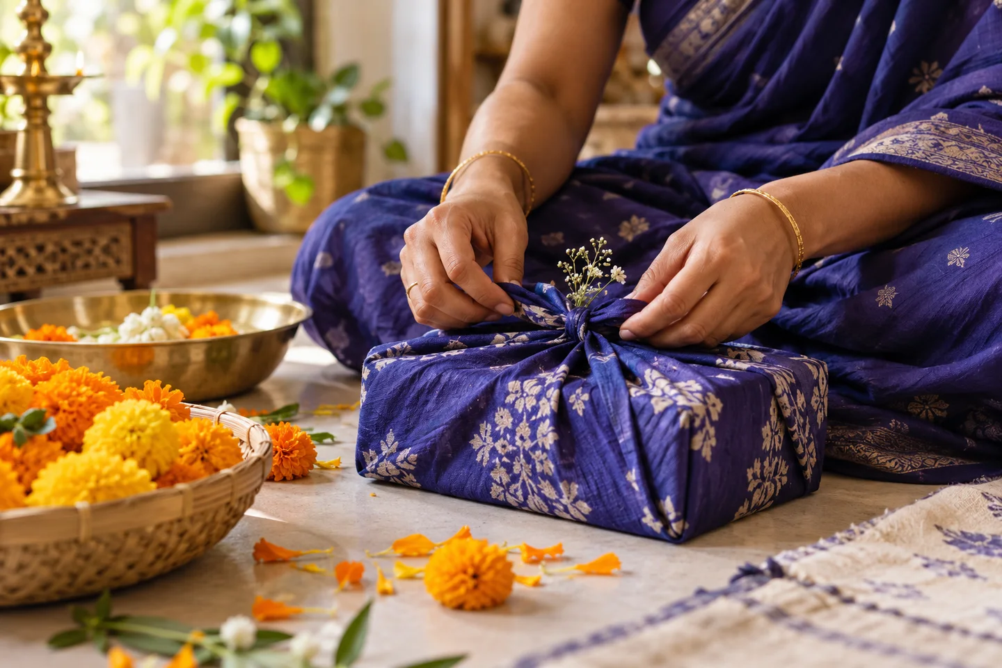Indian hands wrapping a handmade gift