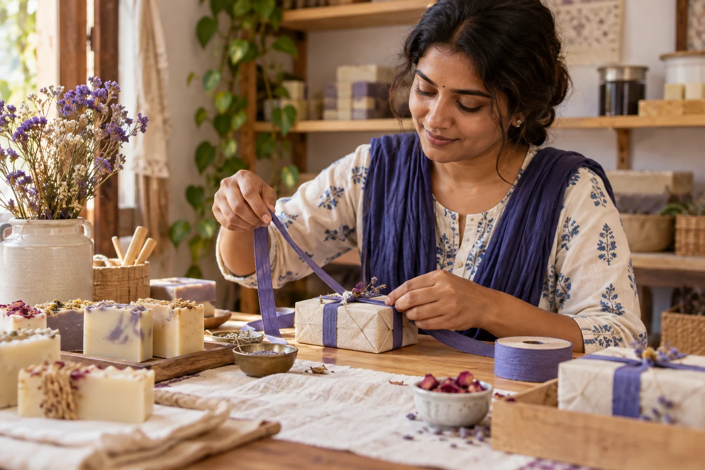 An Indian craftsperson wrapping a handmade soap gift
