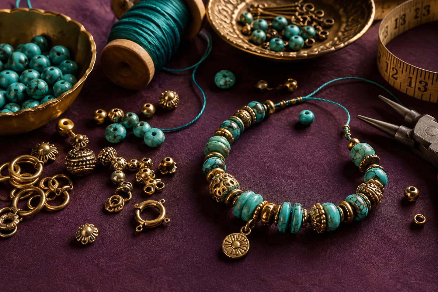 Brass jewellery findings, turquoise beads and tools for planning material costs
