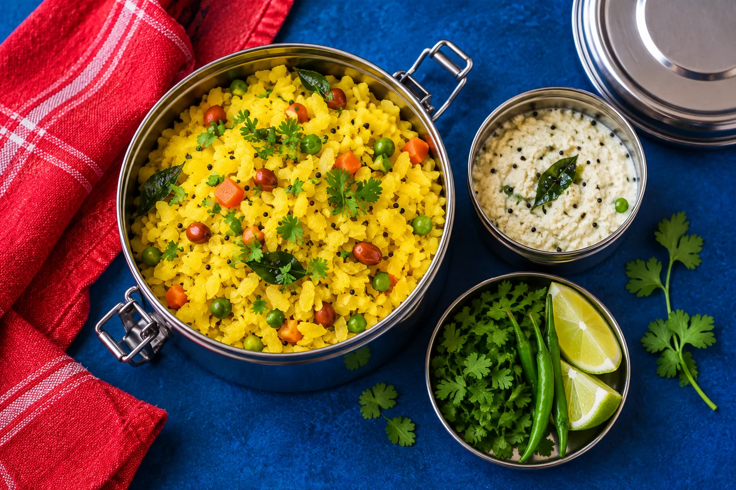 Fresh Indian homemade poha and chutney in a steel tiffin