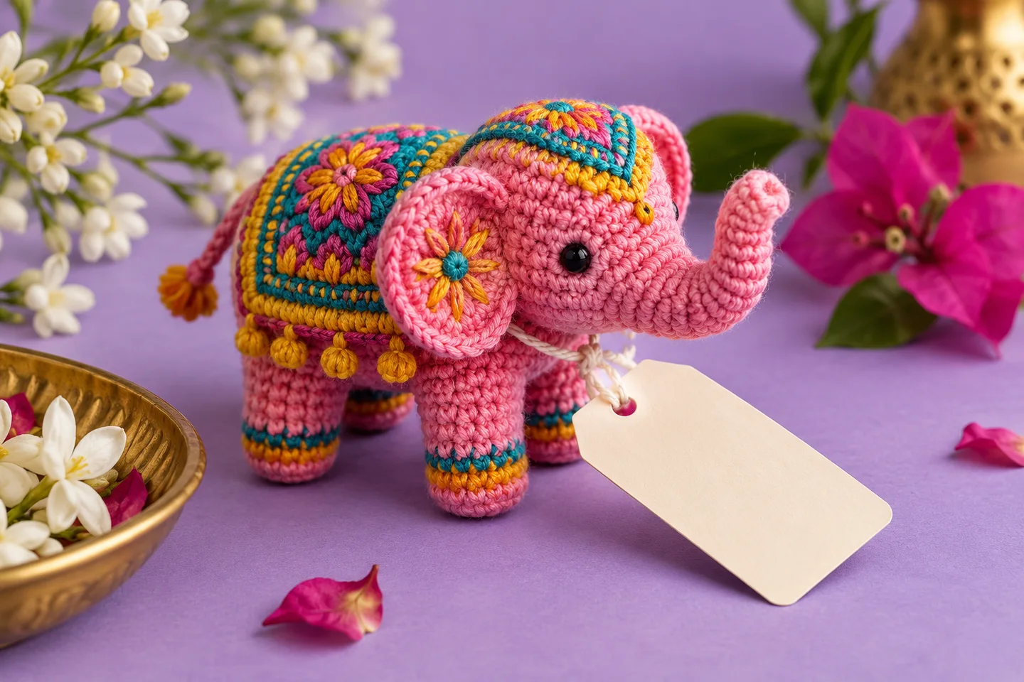 A hand-crocheted elephant keepsake with colourful thread