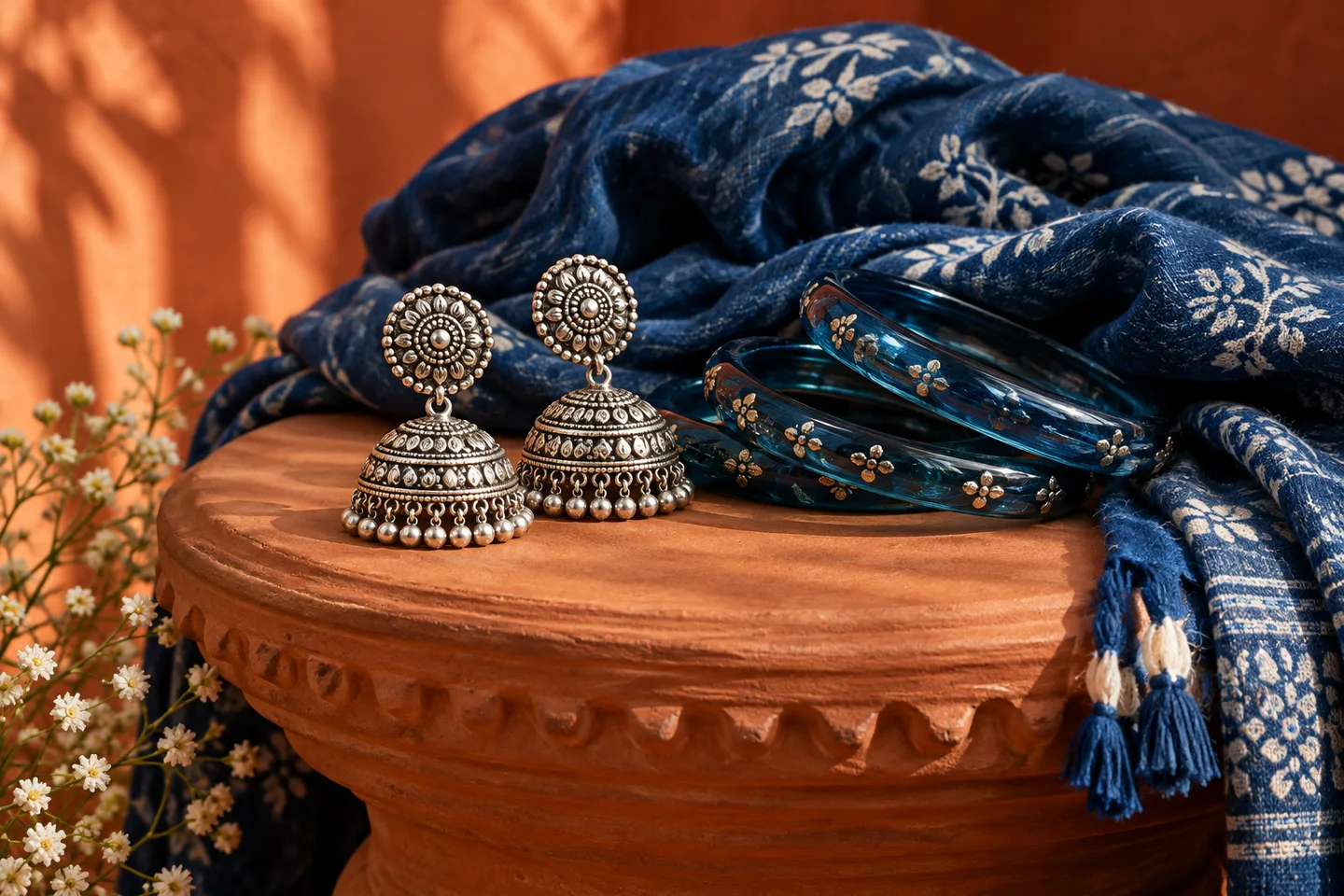 Indian handcrafted silver earrings, bangles and cotton scarf