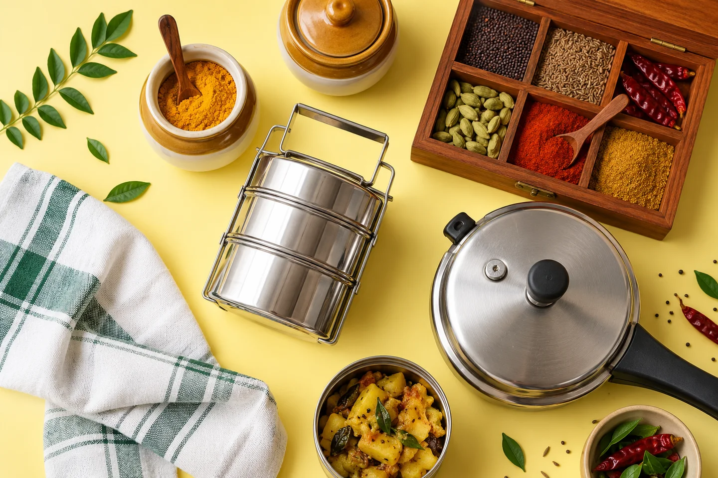 An Indian kitchen collection with steel tiffin, spice box and cotton towel