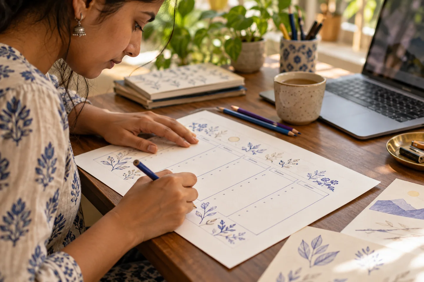 Indian hands sketching a printable planner