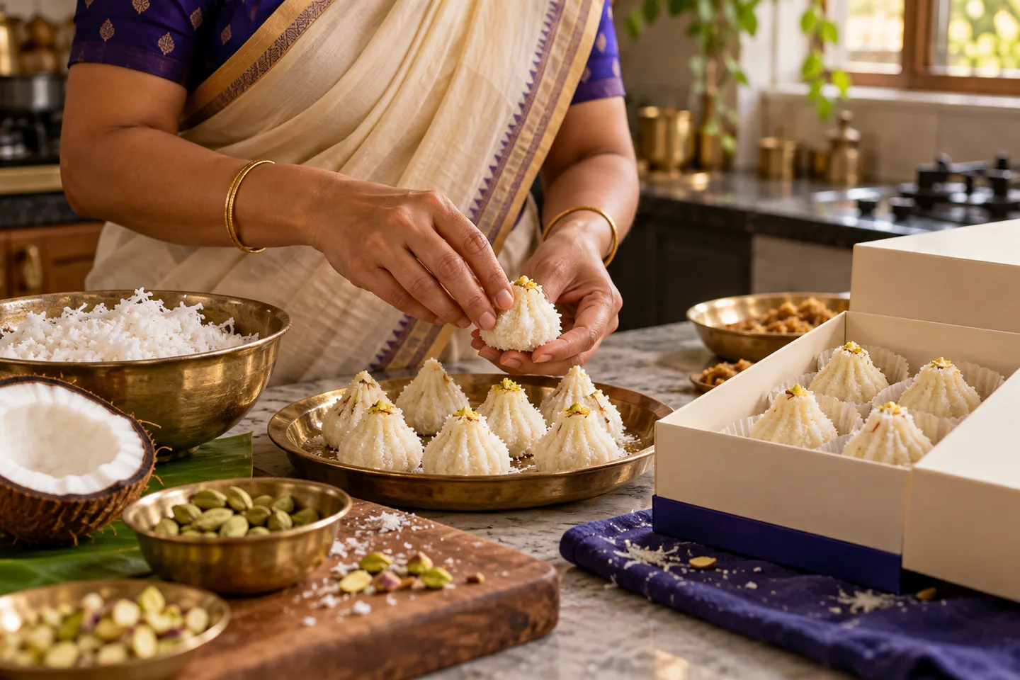 Coconut modaks, ingredients and food packaging in an Indian kitchen