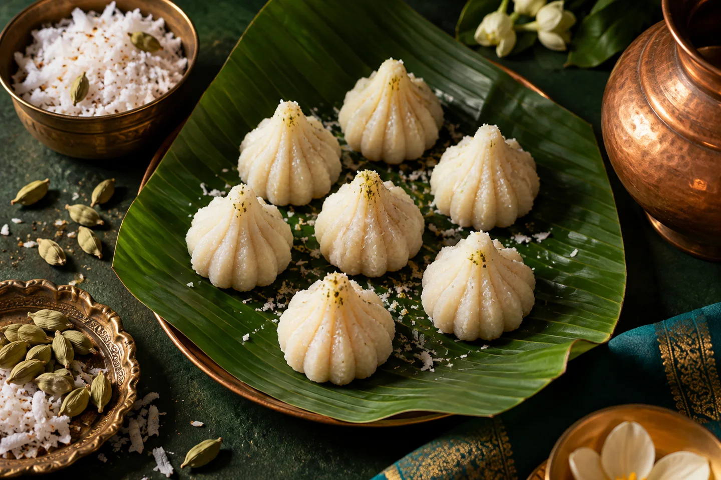 Fresh coconut modaks on a banana leaf with cardamom and coconut