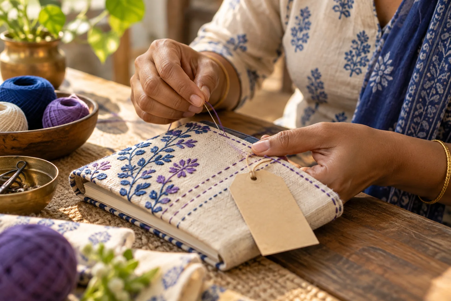 Indian hands sewing a handmade notebook cover
