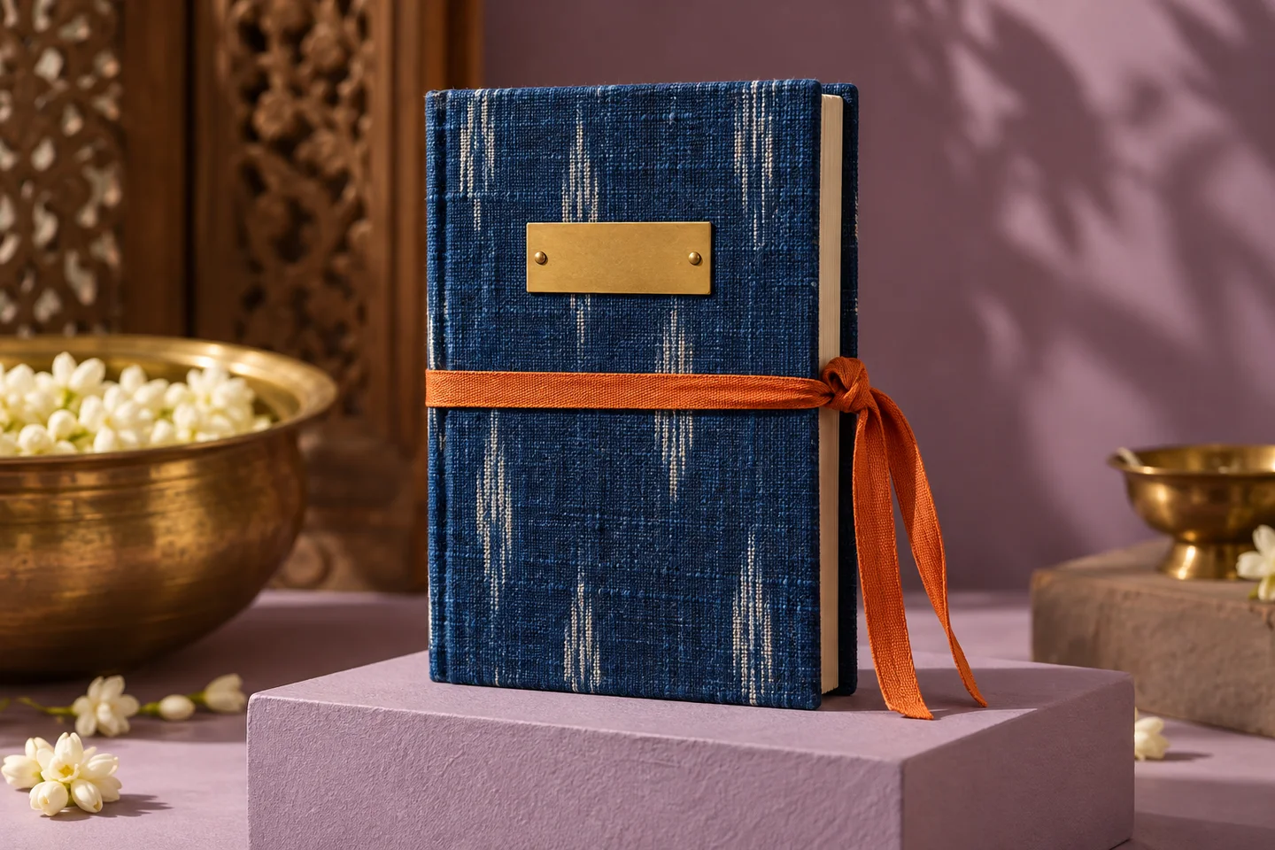 A handmade indigo cloth notebook with a blank brass plaque and orange ribbon