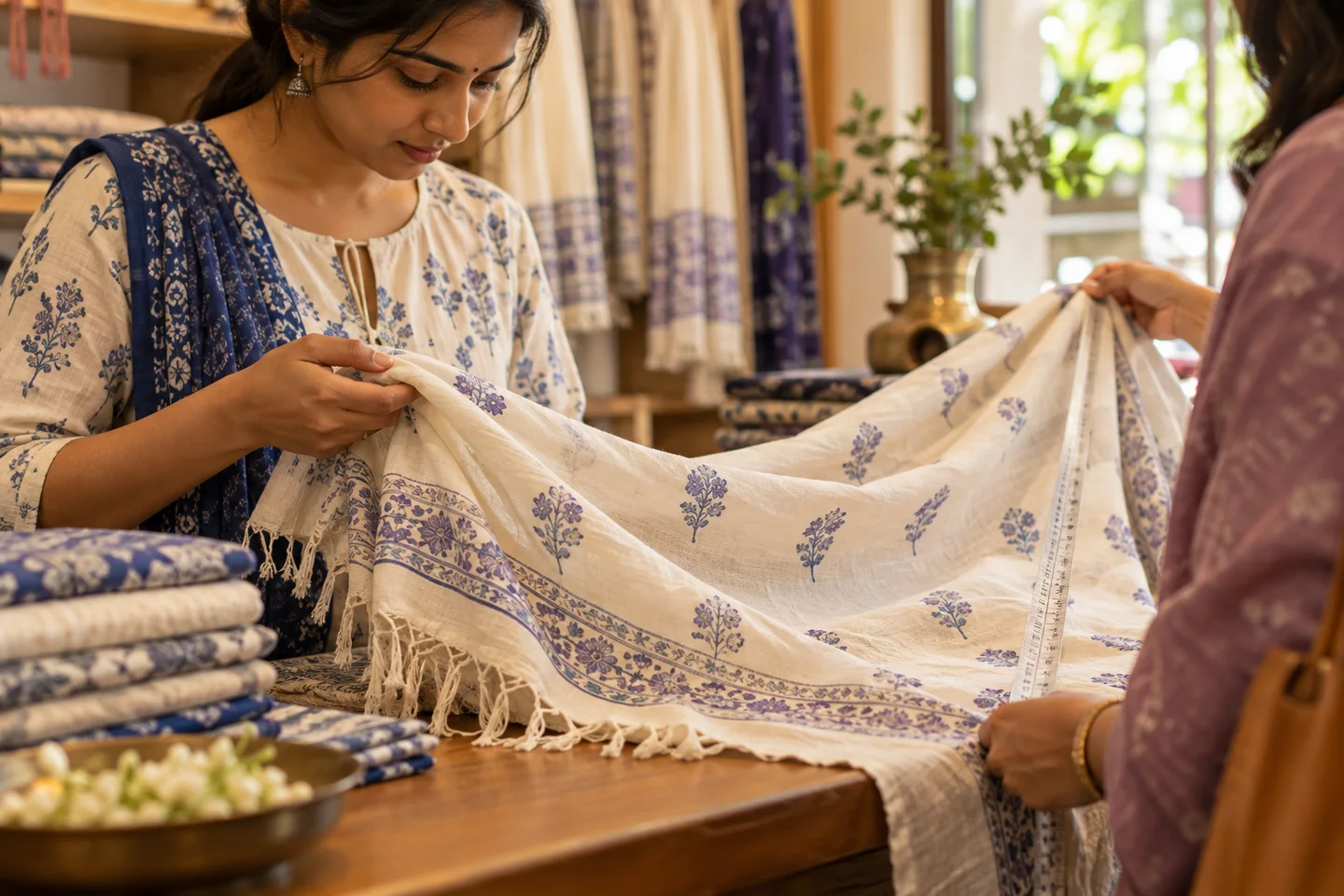 Indian hands checking and measuring a cotton scarf