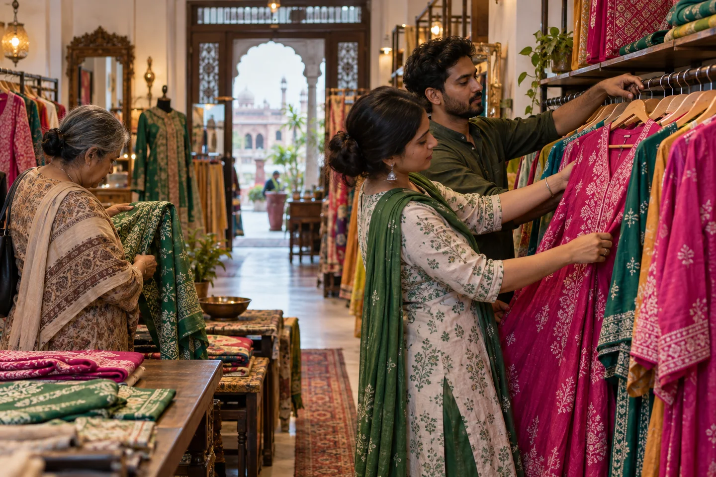 Indian boutique owners arranging colourful cotton garments