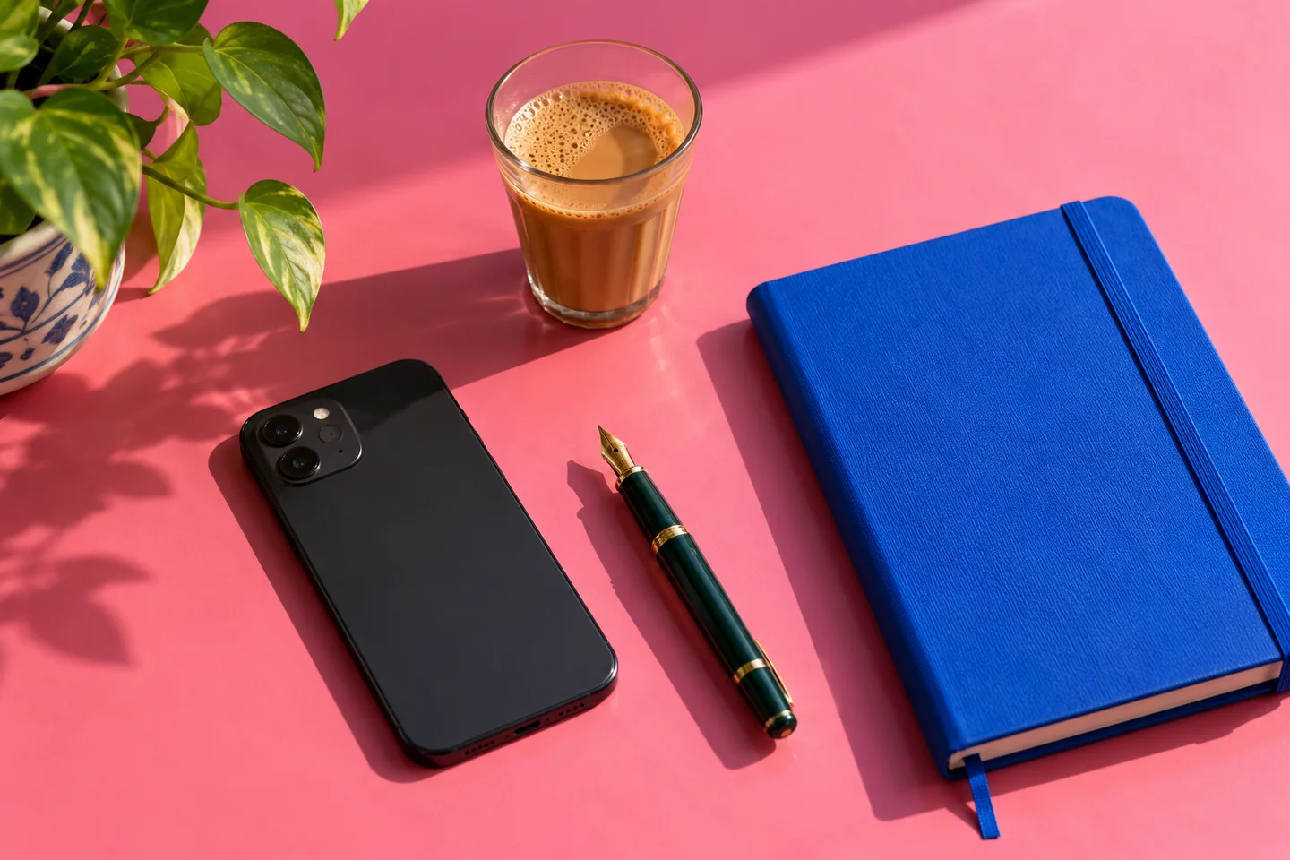 Phone, notebook and chai glass arranged on a pink tabletop