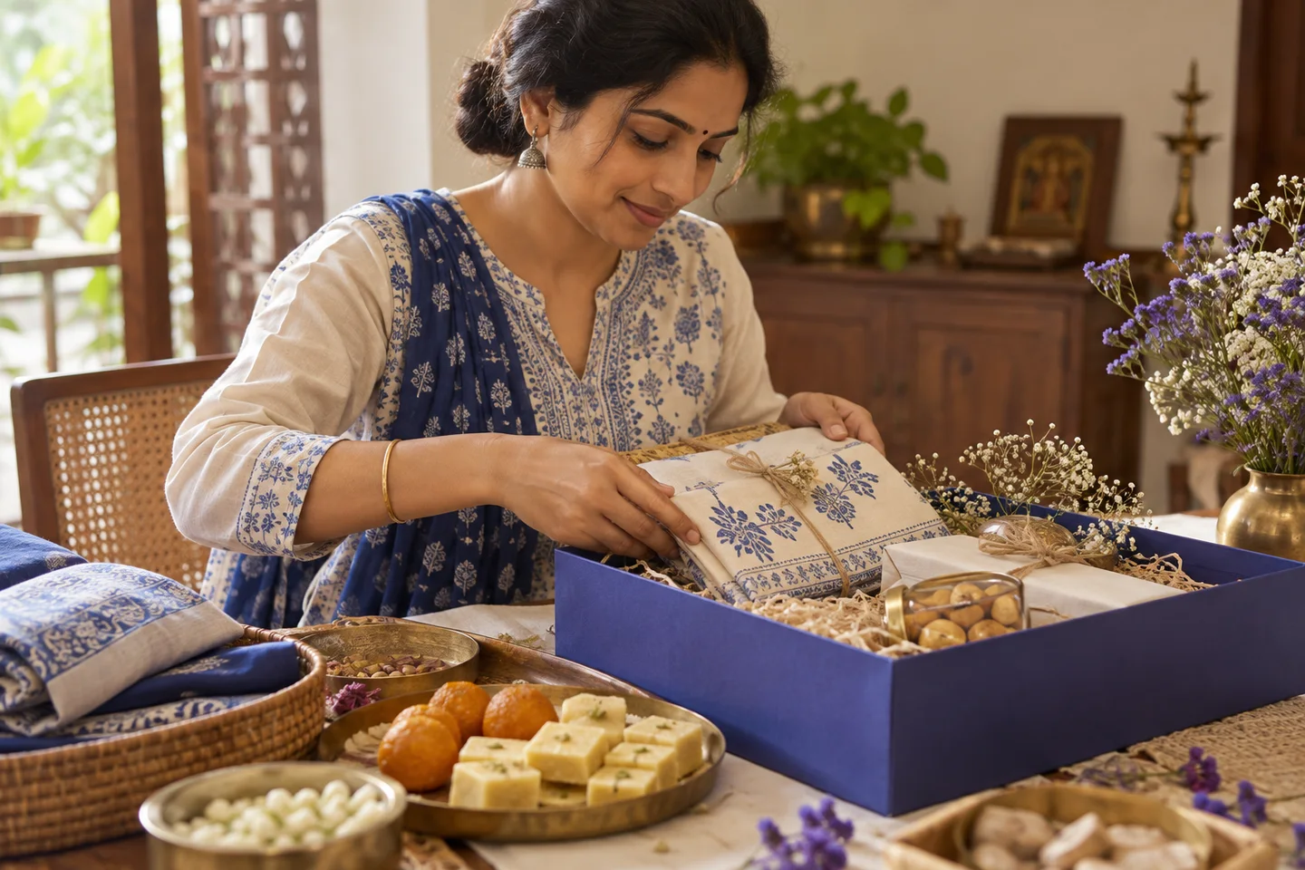 An Indian maker preparing a gift hamper