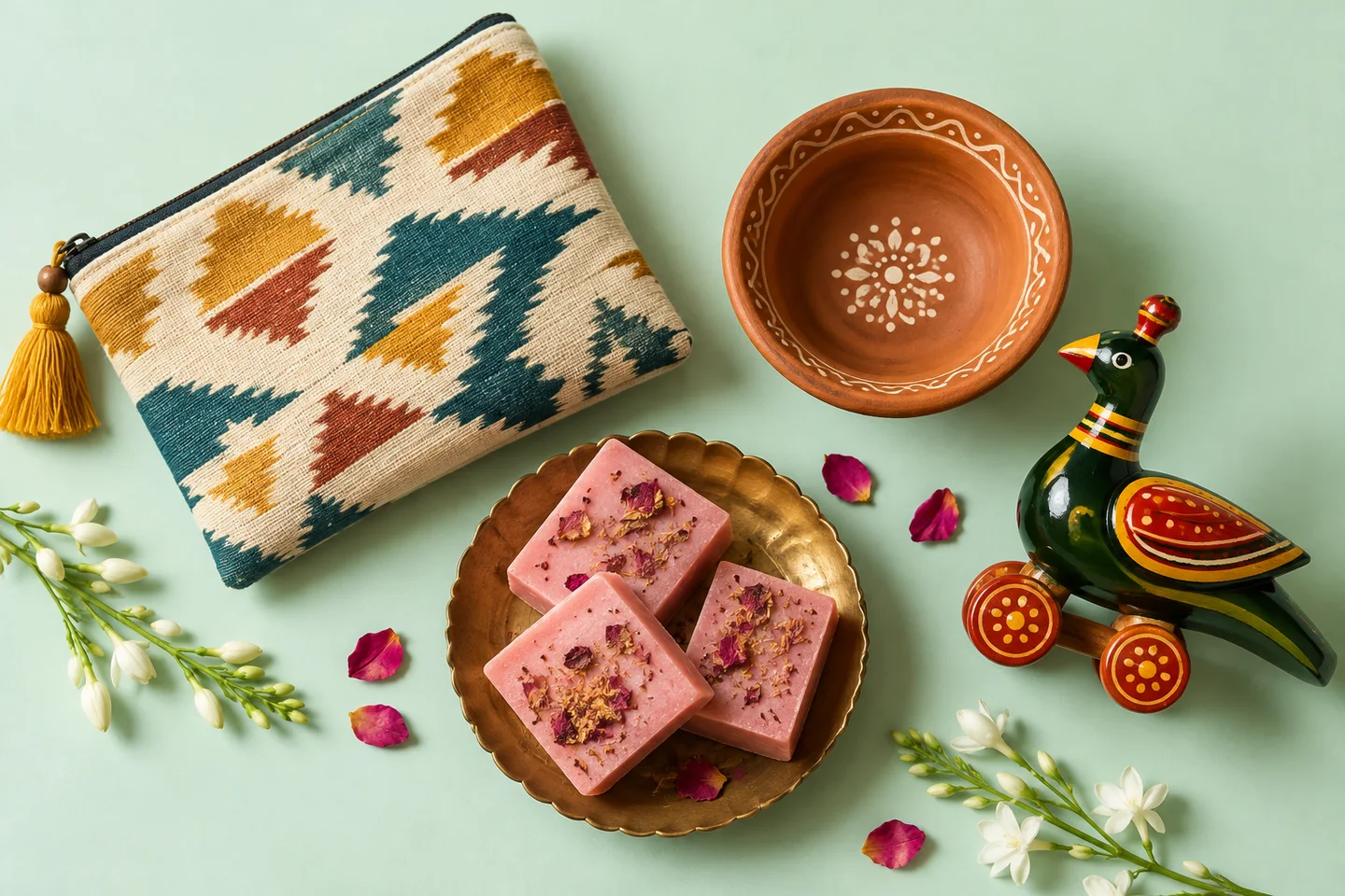 Indian artisanal soaps, cotton pouch, wooden toy and terracotta bowl