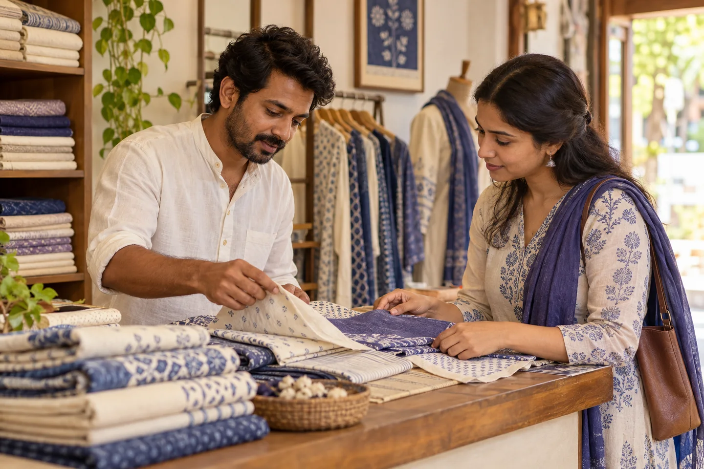 A conversation about fabric at an Indian boutique