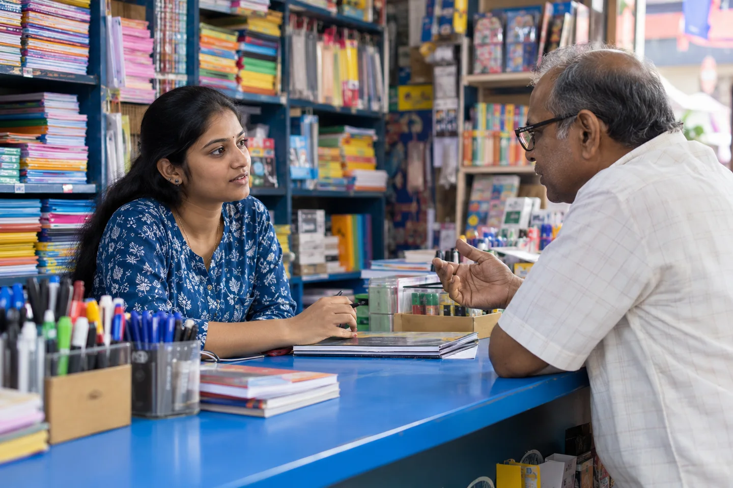 A conversation at an Indian neighbourhood stationery shop