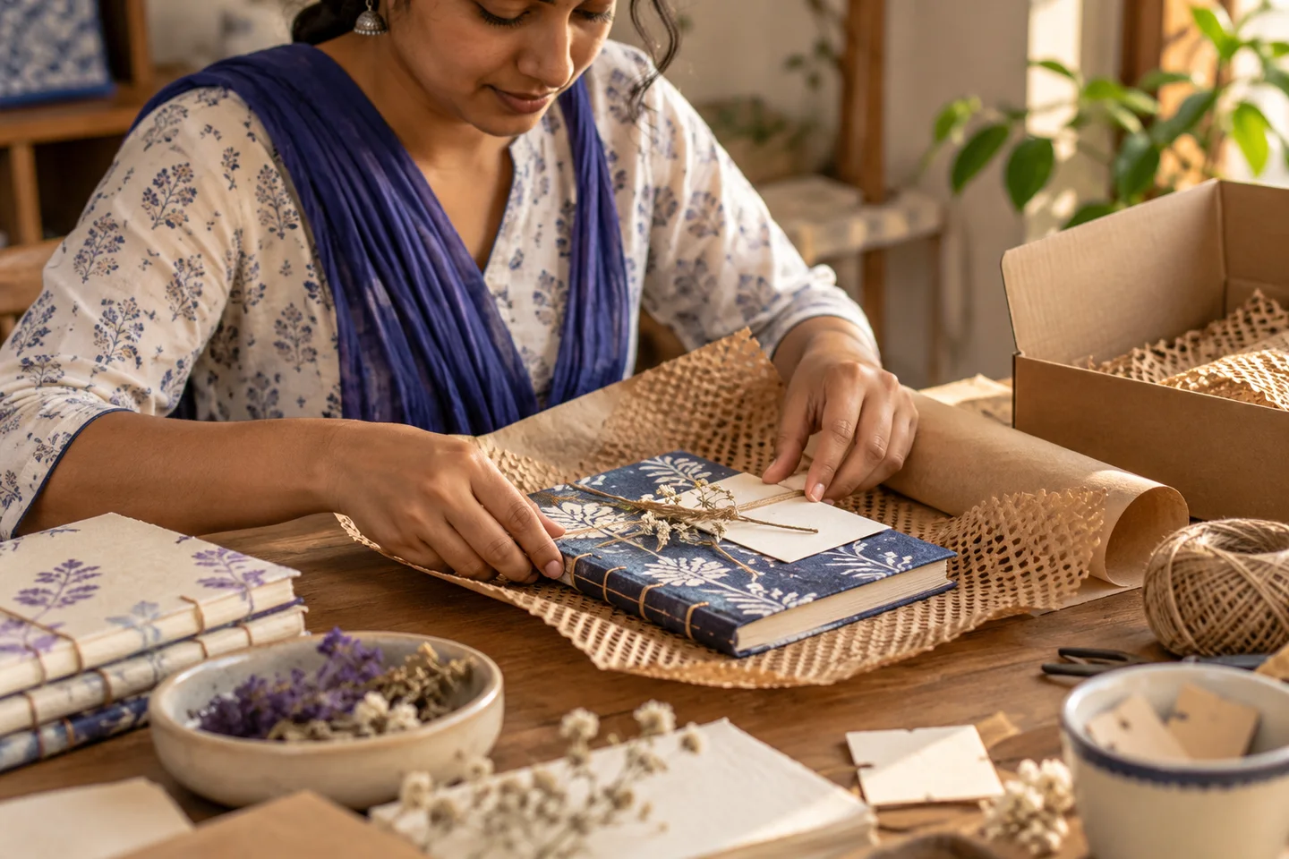 Handmade stationery and packing materials on an Indian worktable
