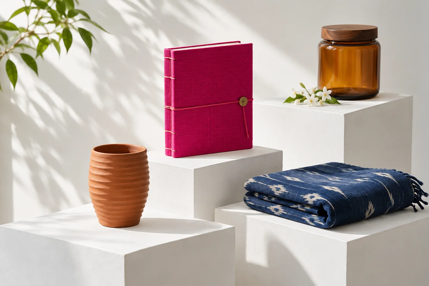 Colourful Indian handmade products displayed on white plinths