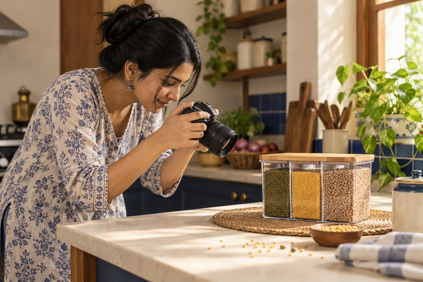 An Indian creator photographing a kitchen storage product