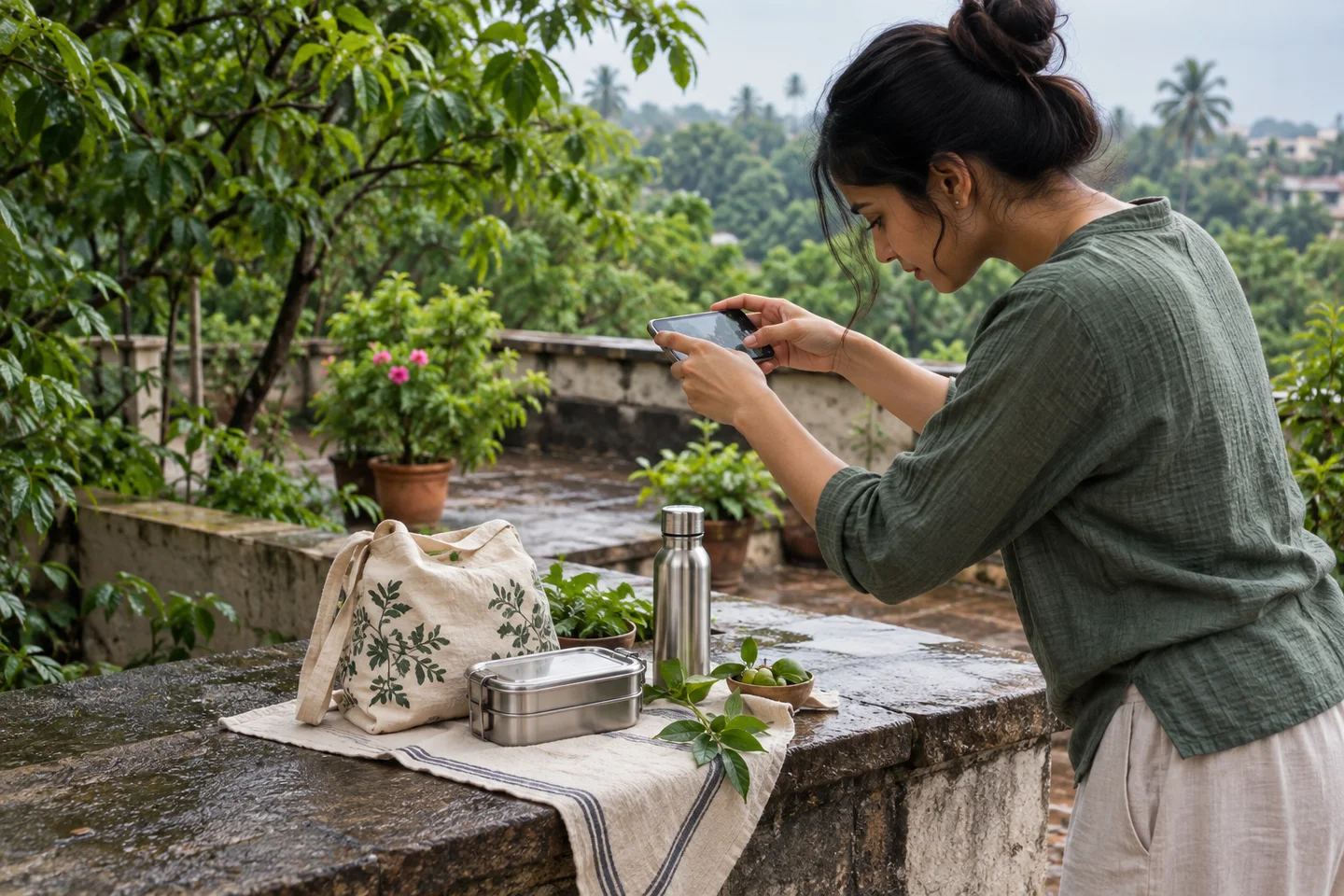 An Indian creator photographing a lunchbox and cotton bag on a terrace