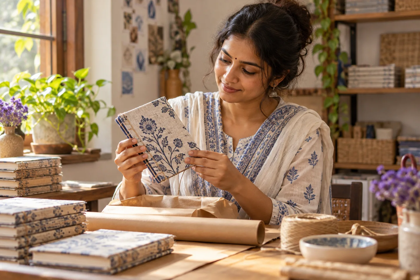An Indian maker checking a handmade diary cover