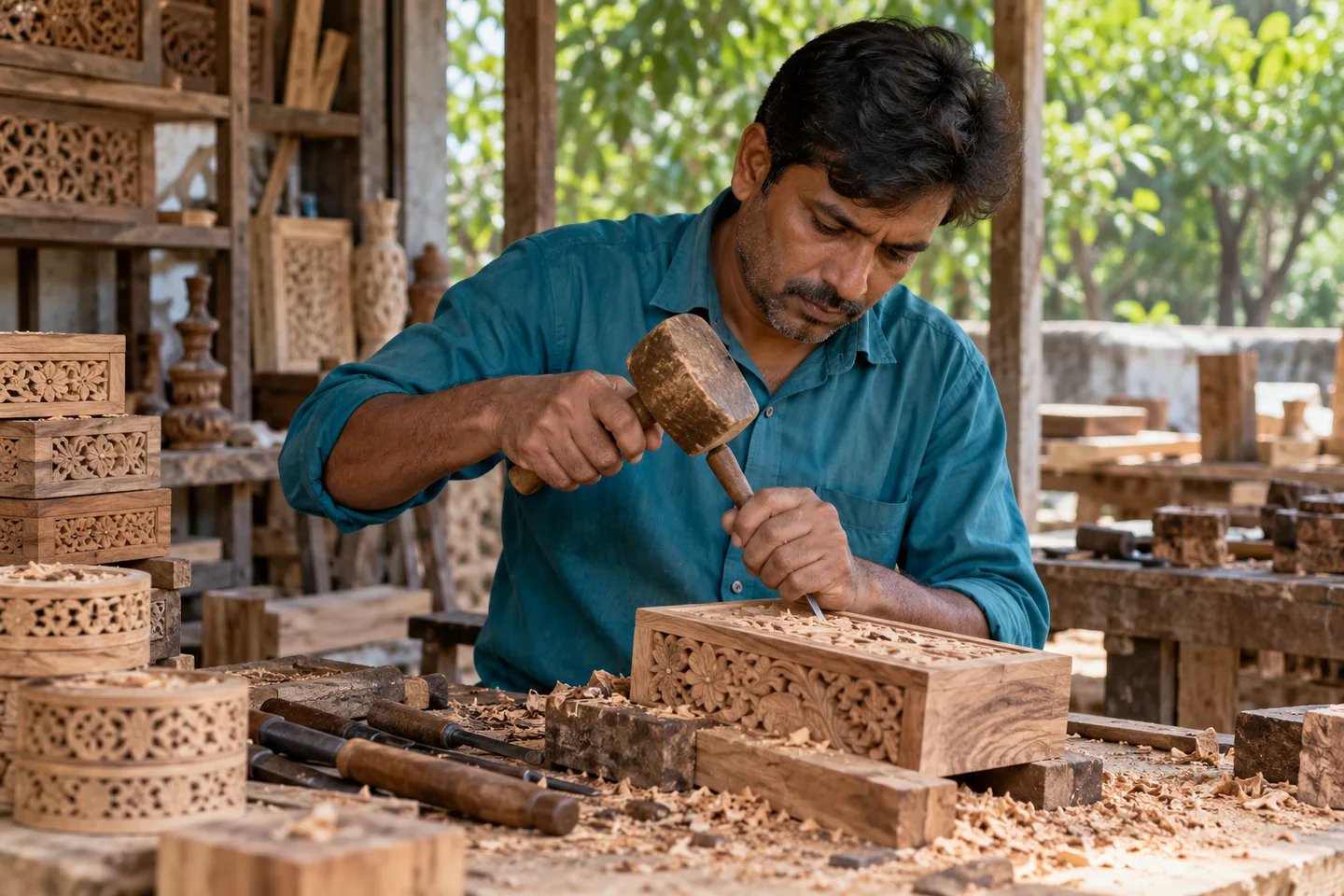 An Indian woodworker carving a handmade wooden keepsake