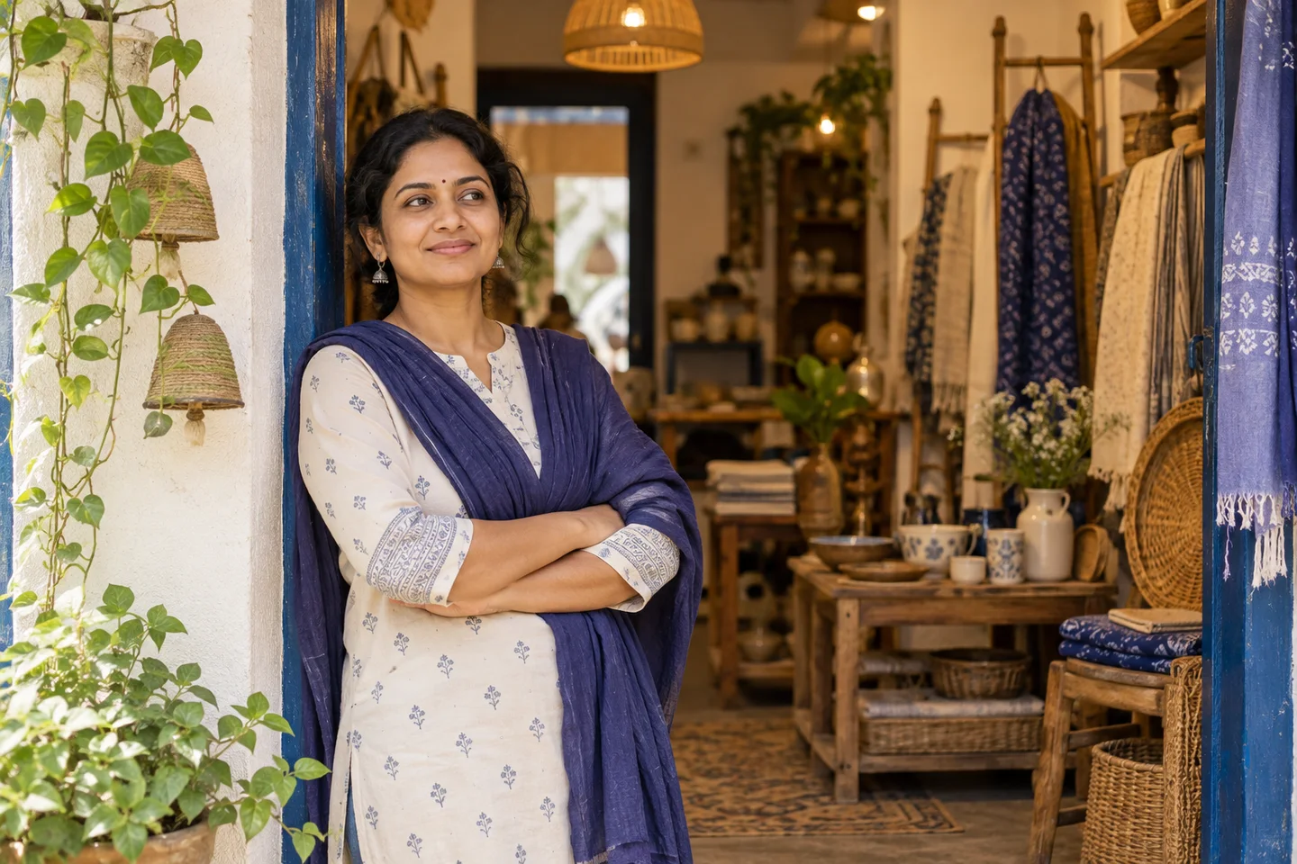 An Indian shop owner outside her craft boutique