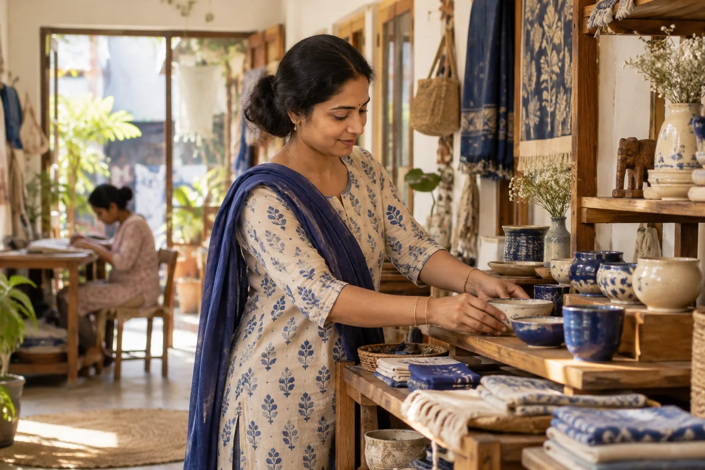An Indian shop owner arranging her product display