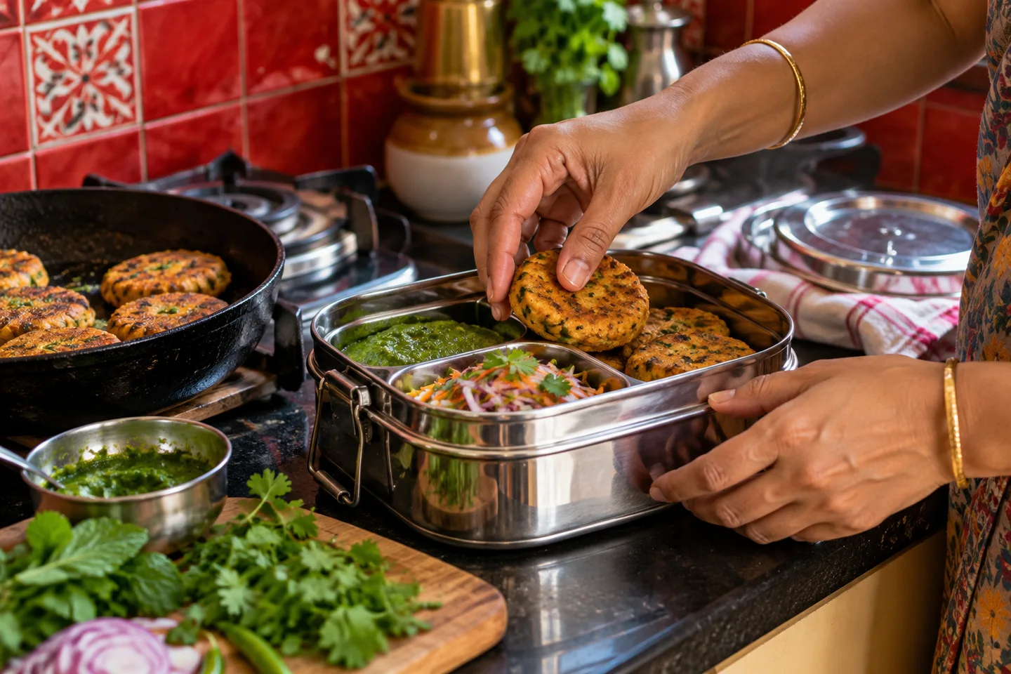 Indian hands filling a steel tiffin with fresh homemade snacks