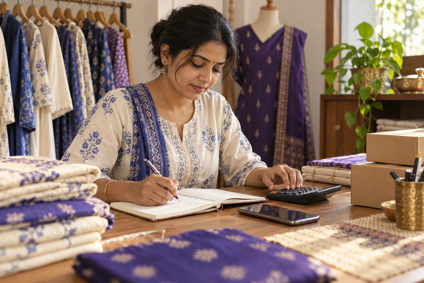 An Indian boutique owner checking order records