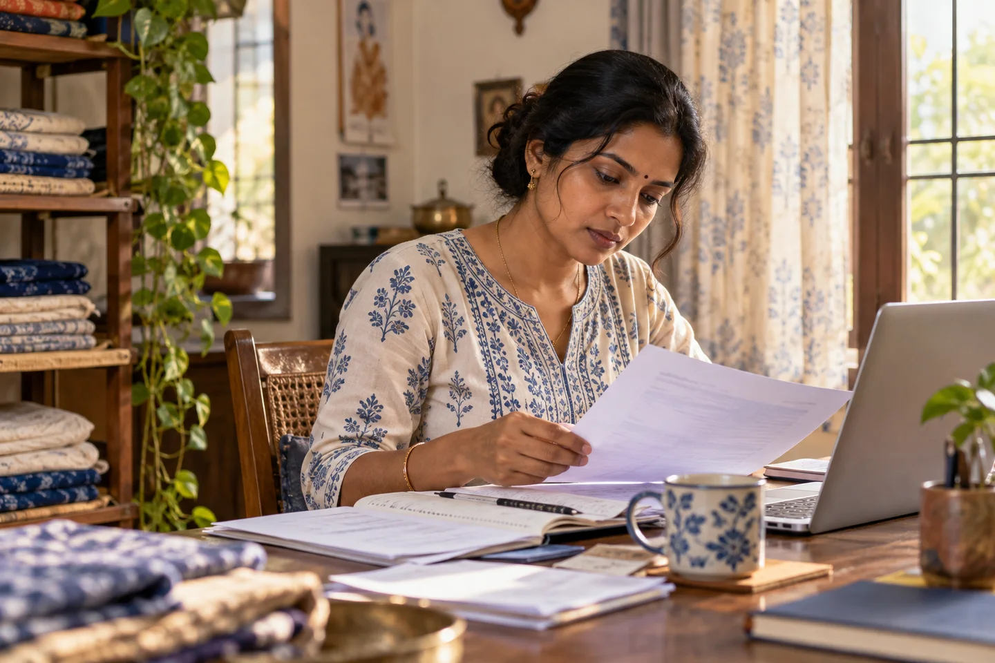 An Indian business owner reviewing account documents