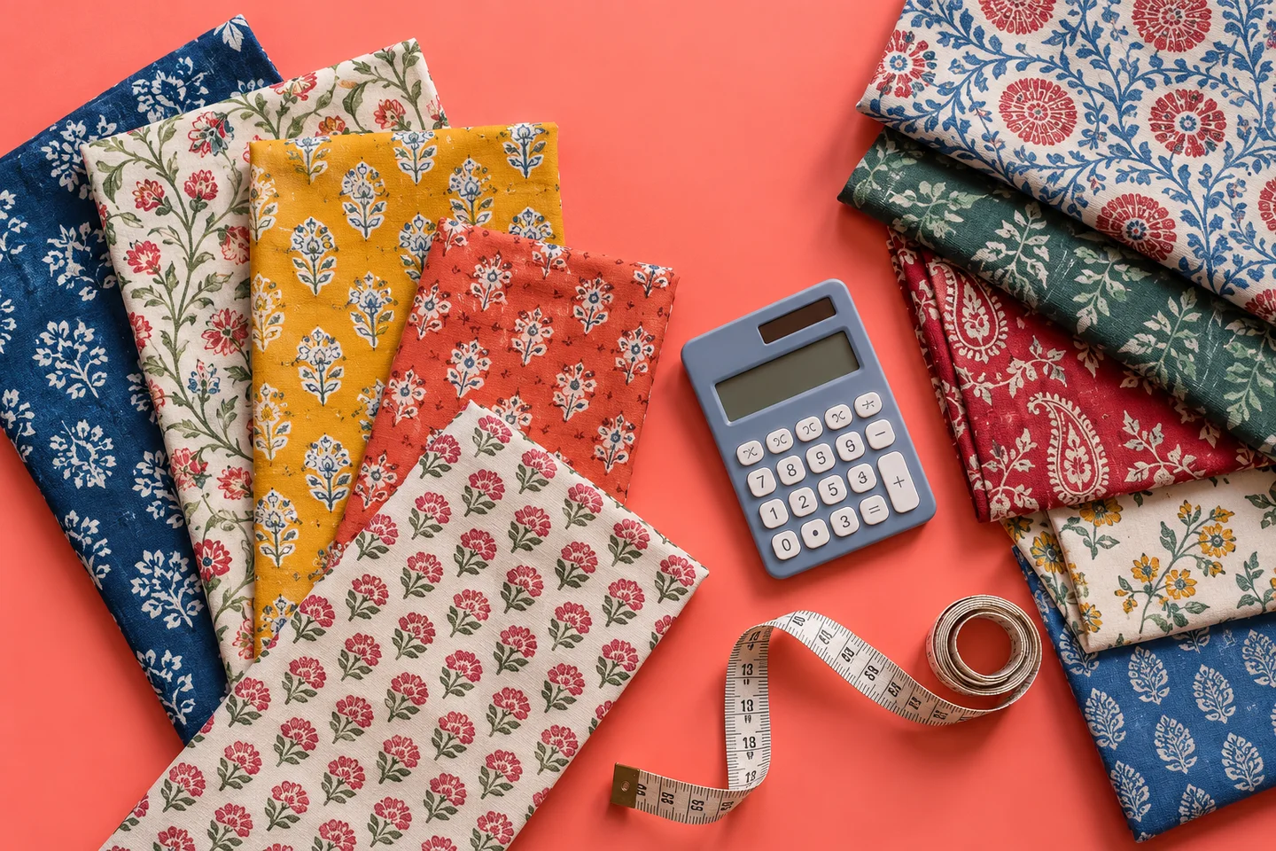 Colourful Indian block-print fabric with a calculator and measuring tape