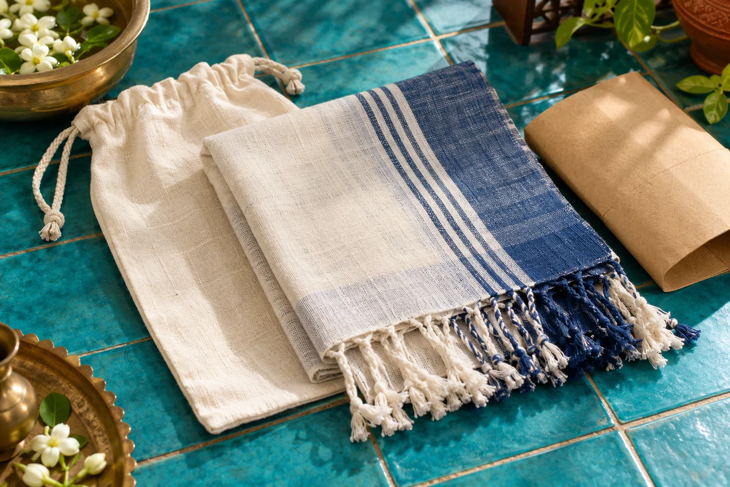 Handloom cotton scarf, protective pouch and packaging on a turquoise counter