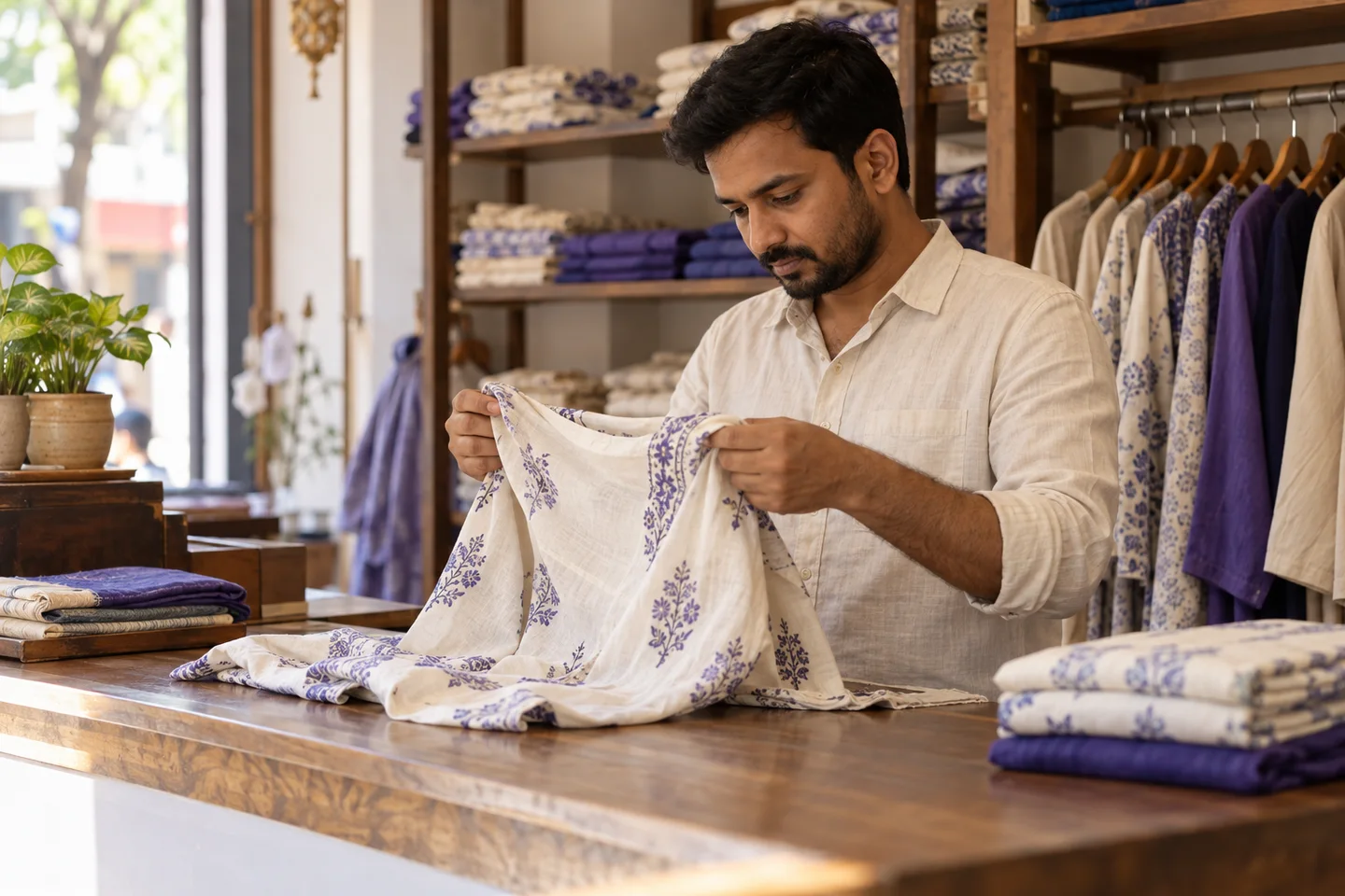 An Indian shopkeeper inspecting a returned garment
