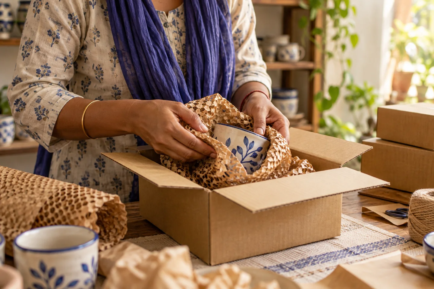 Indian hands packing a ceramic cup safely