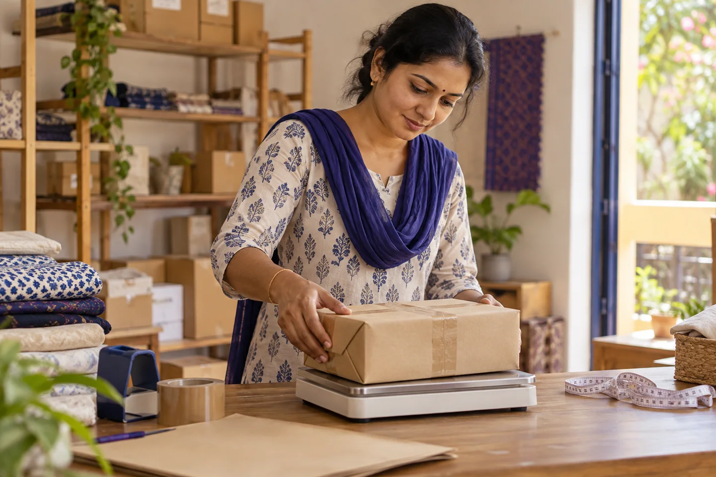 An Indian seller weighing a sealed parcel