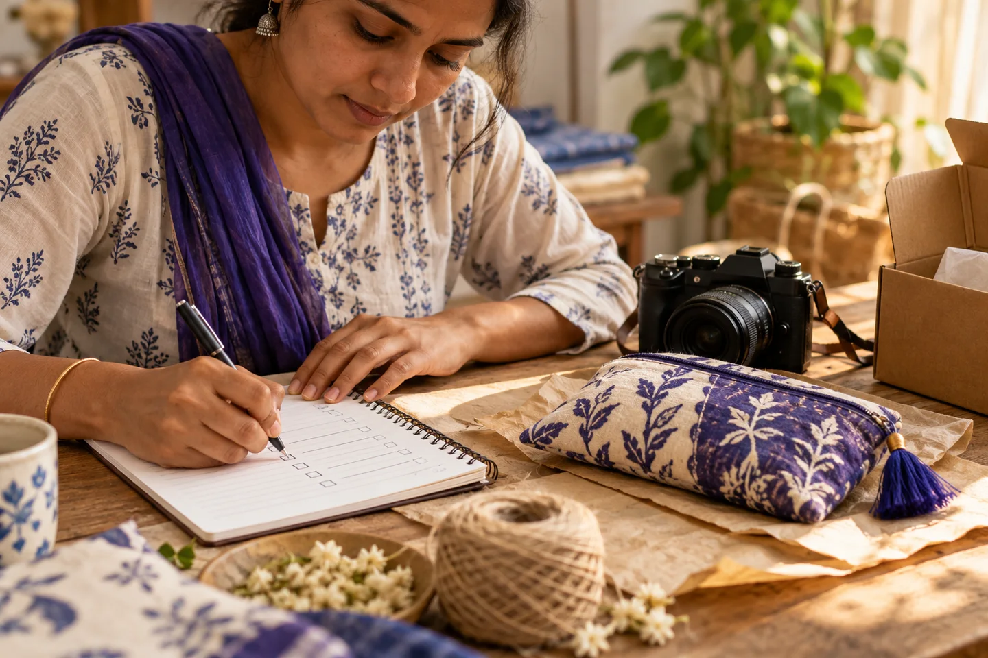 A product checklist beside handmade goods at an Indian worktable