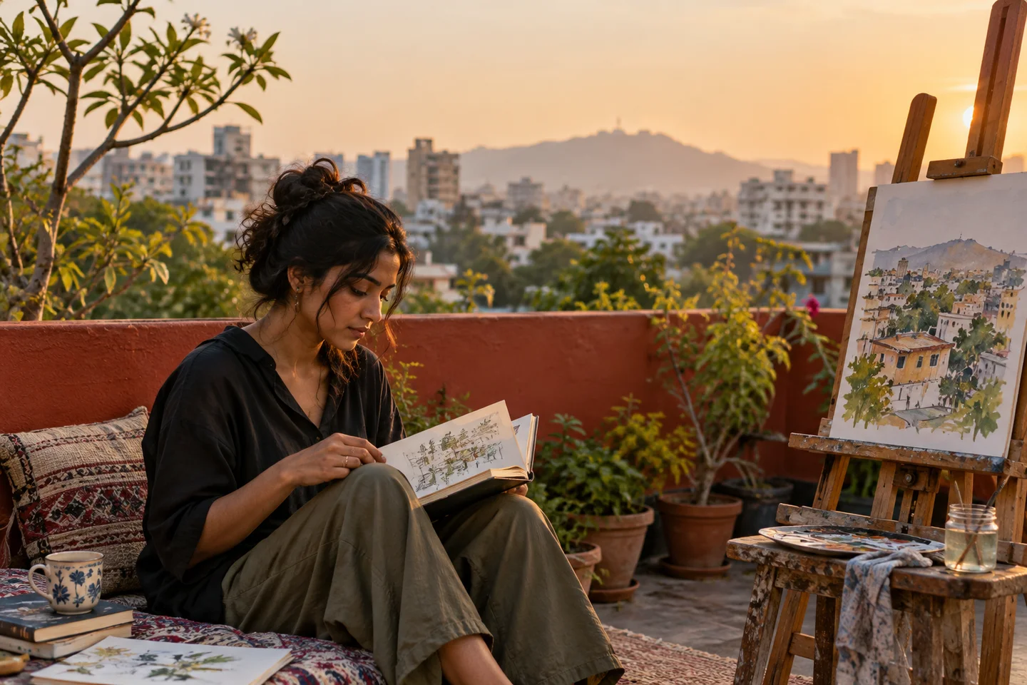 An Indian illustrator reviewing her work on a rooftop terrace