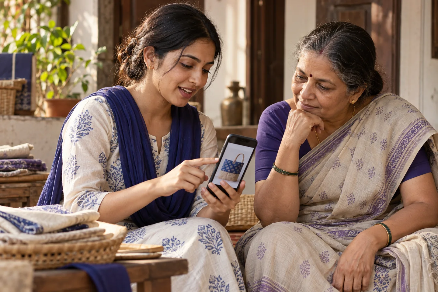 An Indian woman explaining a product photo on her phone
