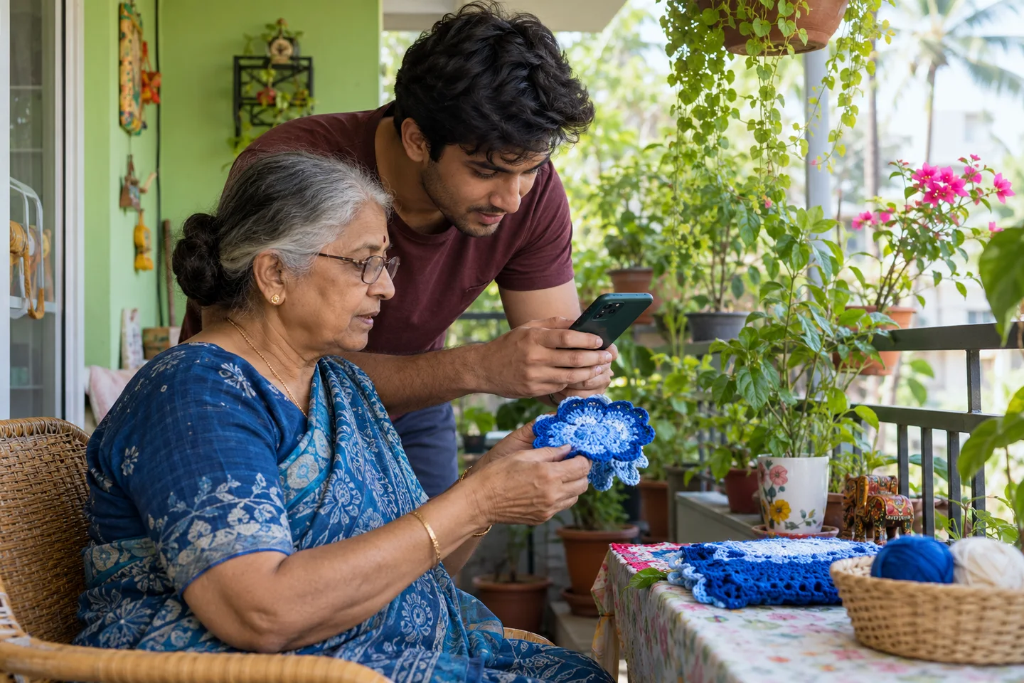 An Indian grandmother and grandson photographing her crochet on a balcony