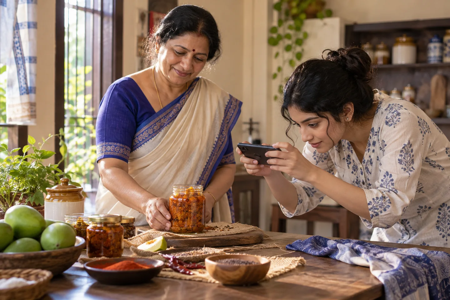 An Indian woman helping her mother photograph homemade pickles
