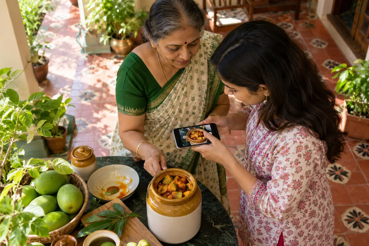 An Indian mother and daughter photographing homemade pickle on a veranda