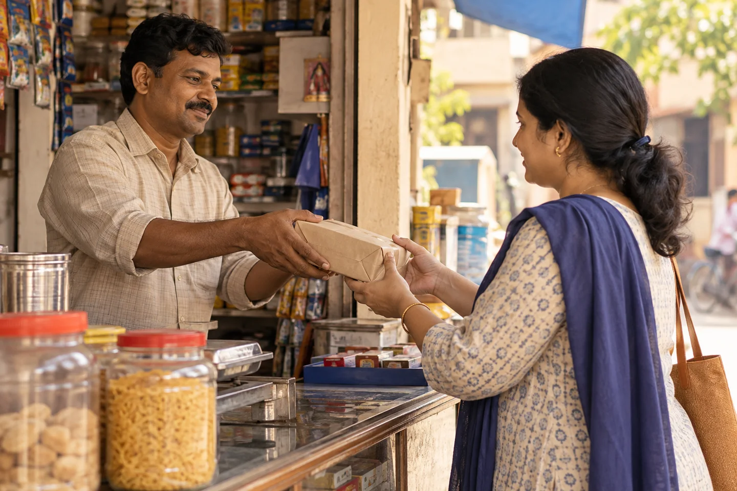 A parcel handover at an Indian neighbourhood shop