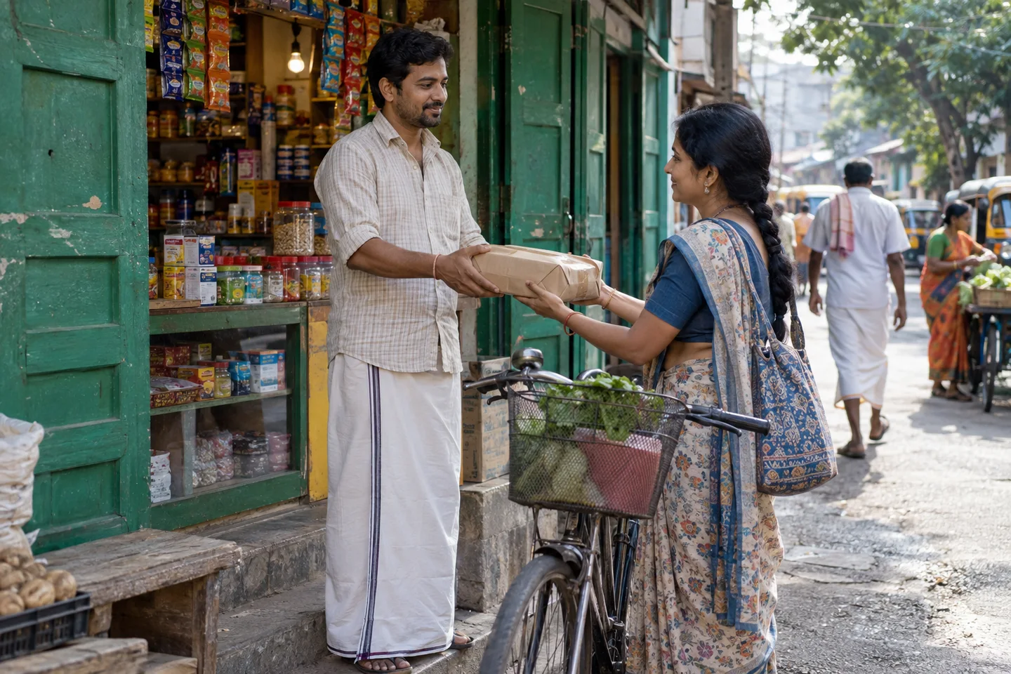 A parcel handover outside an Indian neighbourhood shop