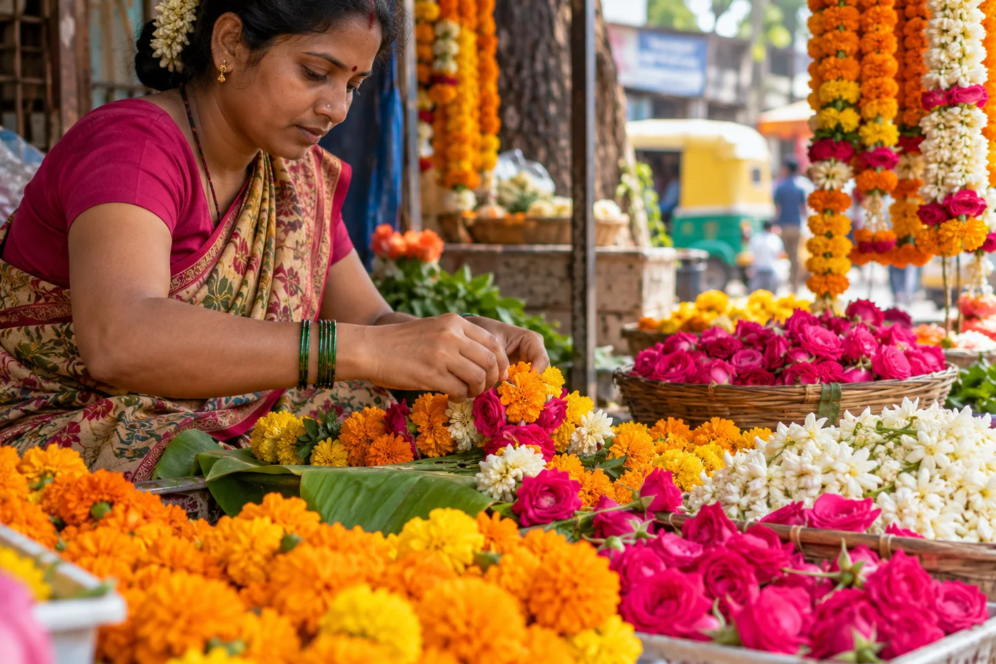 An Indian florist arranging marigolds and roses at a flower stall