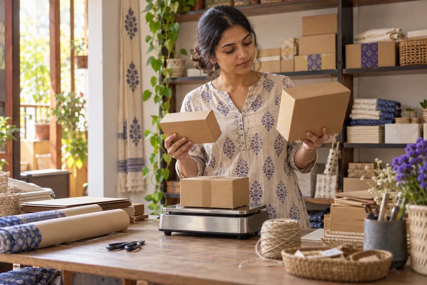 An Indian seller weighing a parcel
