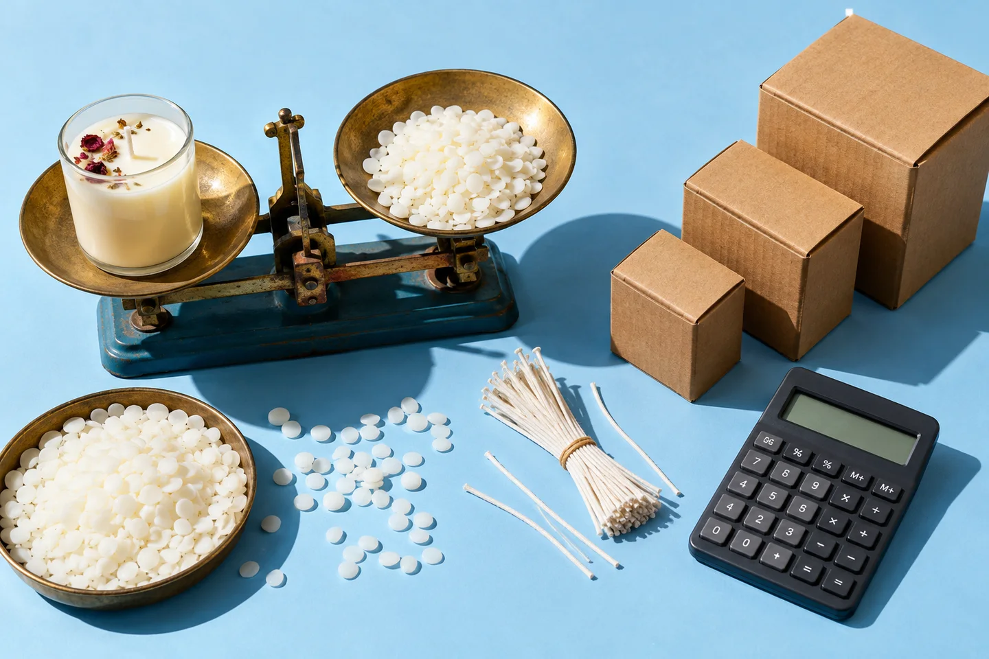 Candle materials, scales and packaging for checking product costs