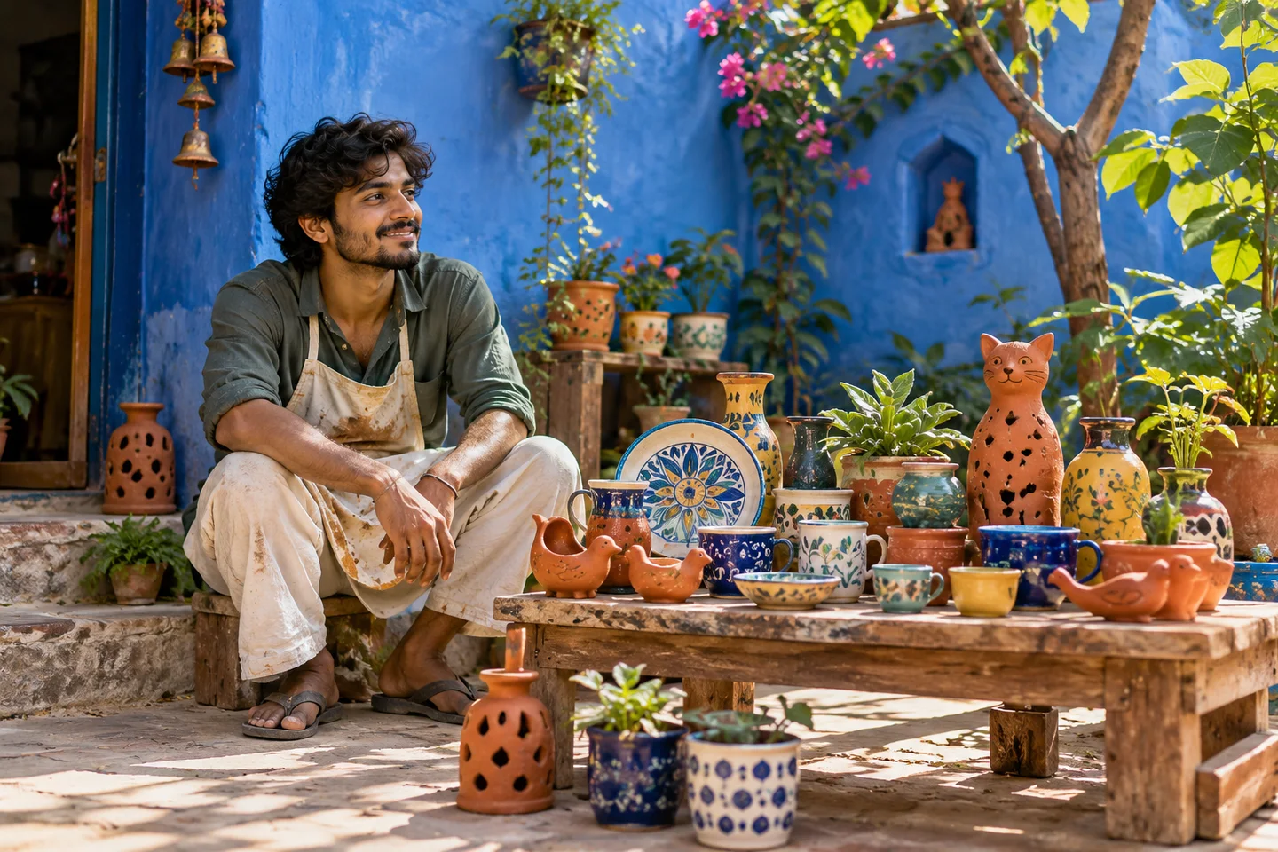 An Indian ceramic artist beside his first colourful pottery display