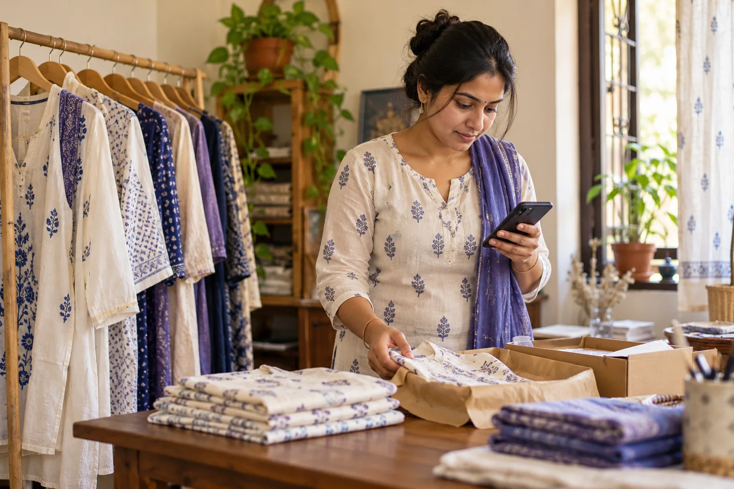 An Indian home entrepreneur checking a product order