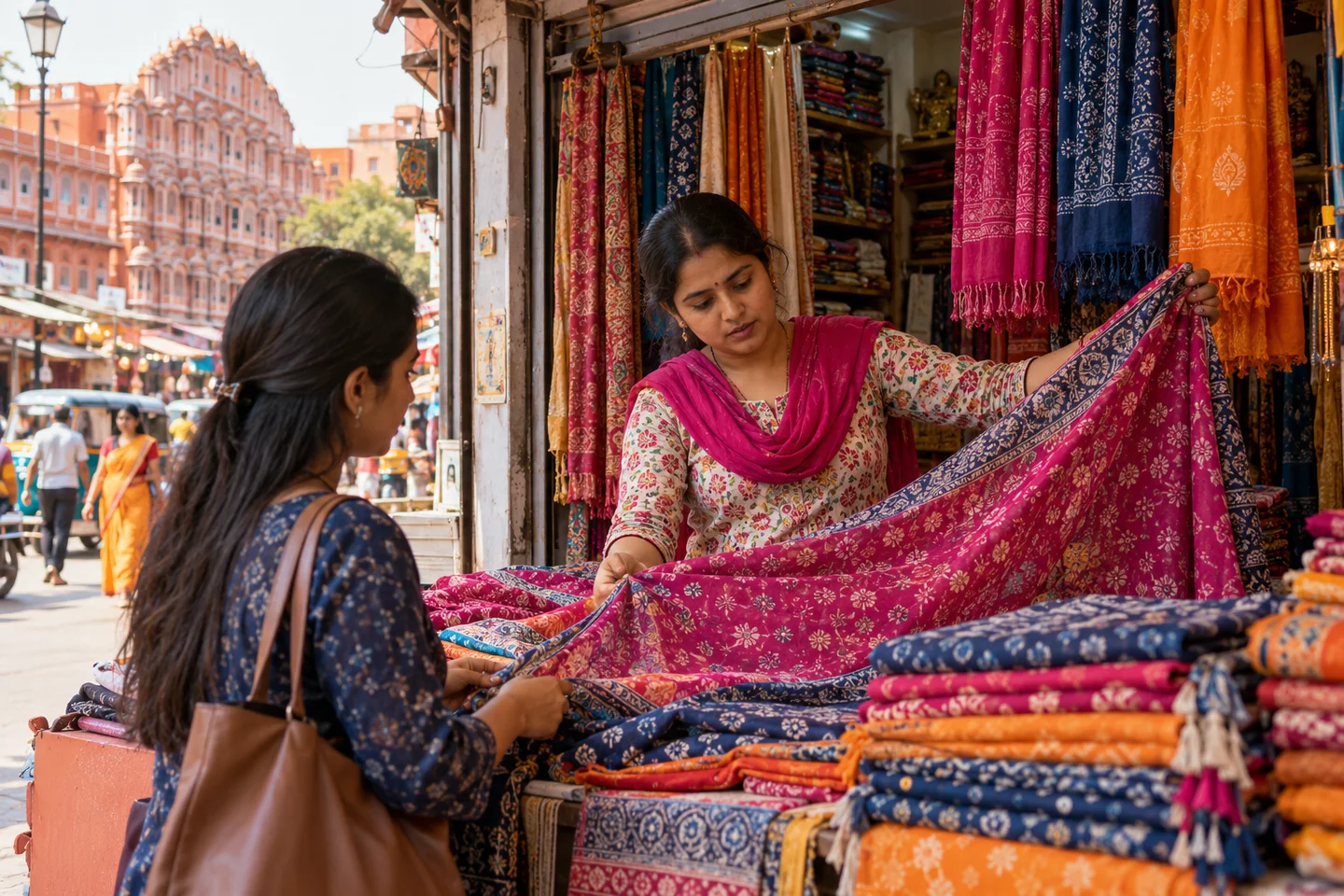 An Indian textile shop owner showing a scarf to a customer